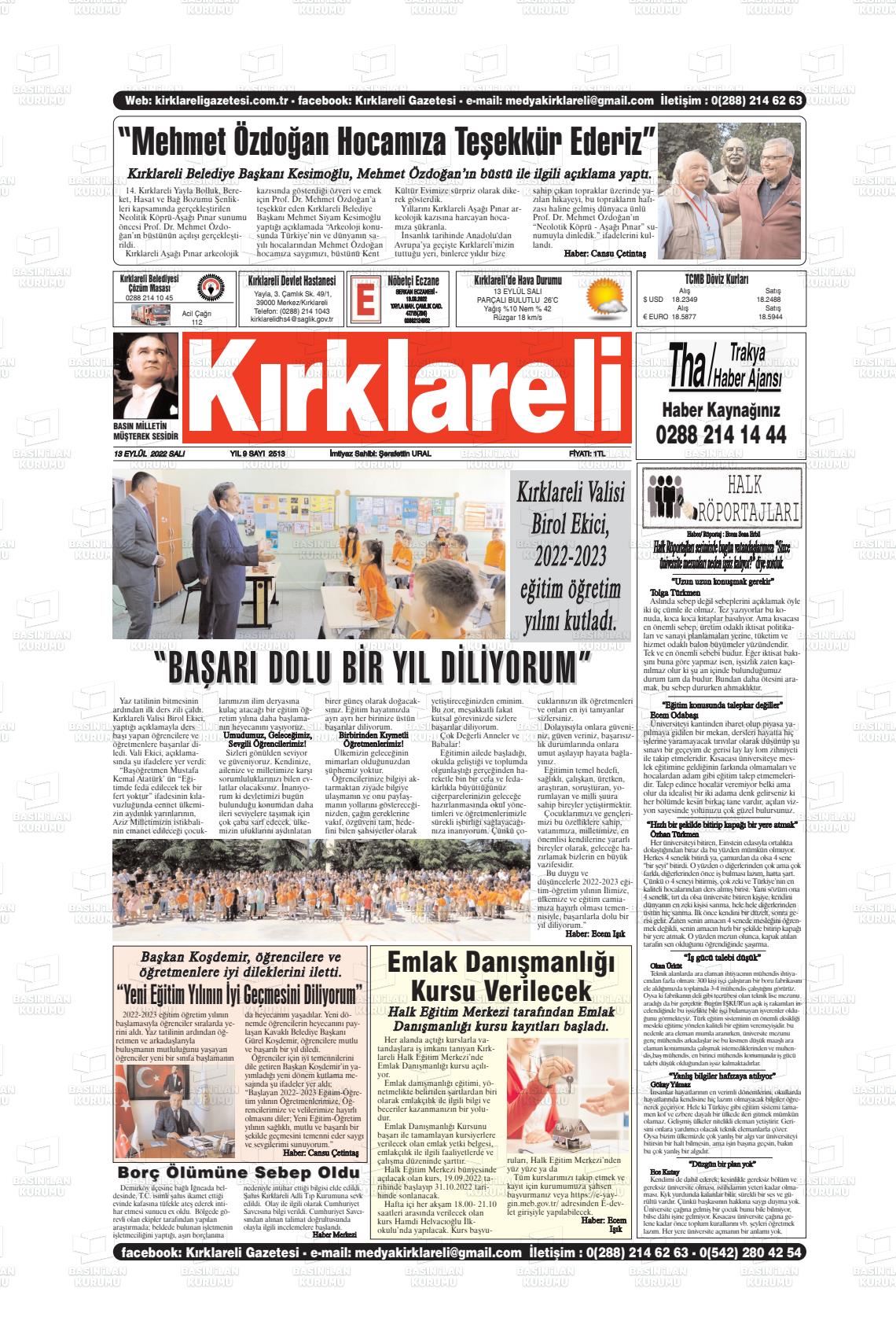 13 Eylül 2022 Kırklareli Gazete Manşeti