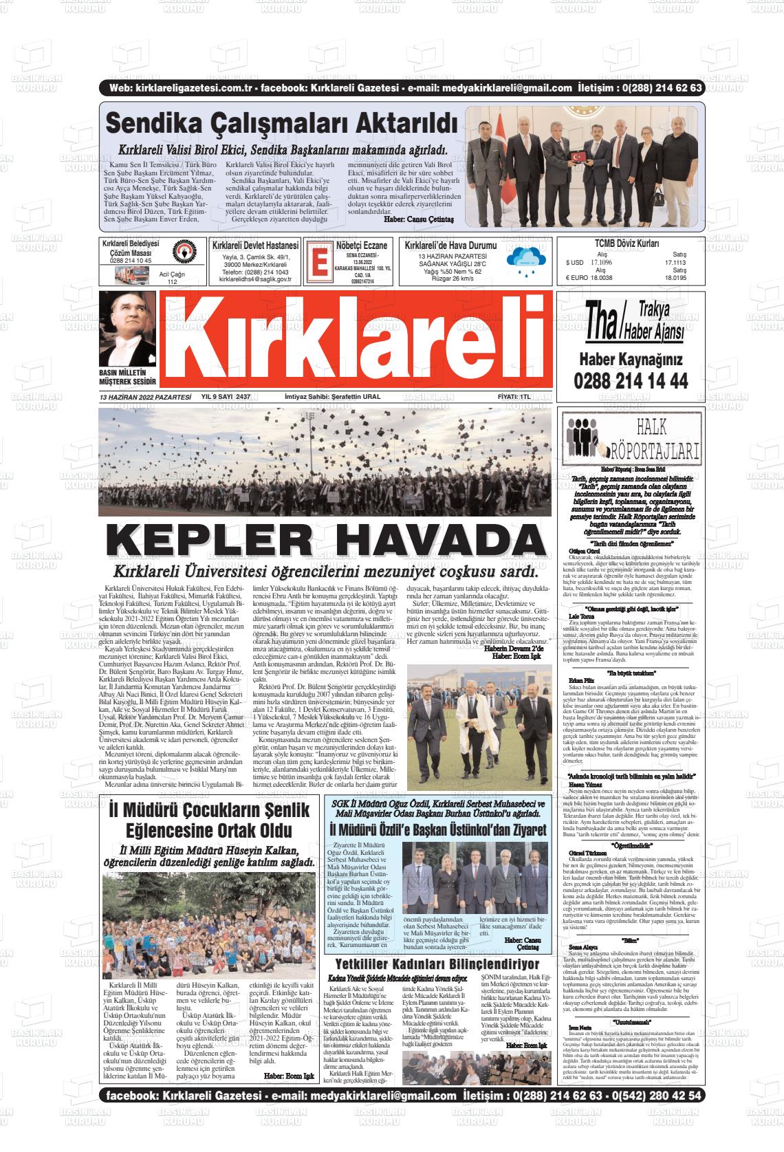 13 Haziran 2022 Kırklareli Gazete Manşeti