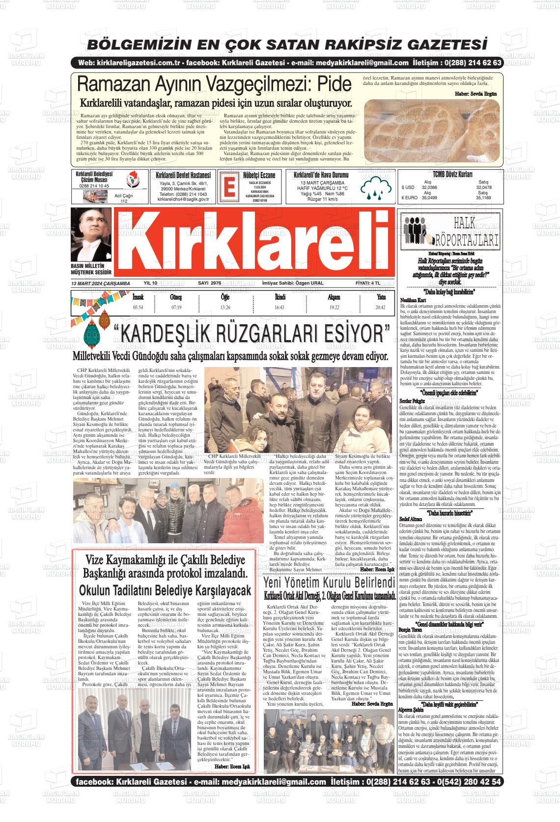 13 Mart 2024 Kırklareli Gazete Manşeti