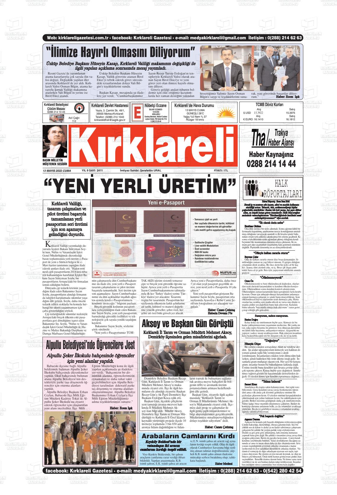 13 Mayıs 2022 Kırklareli Gazete Manşeti