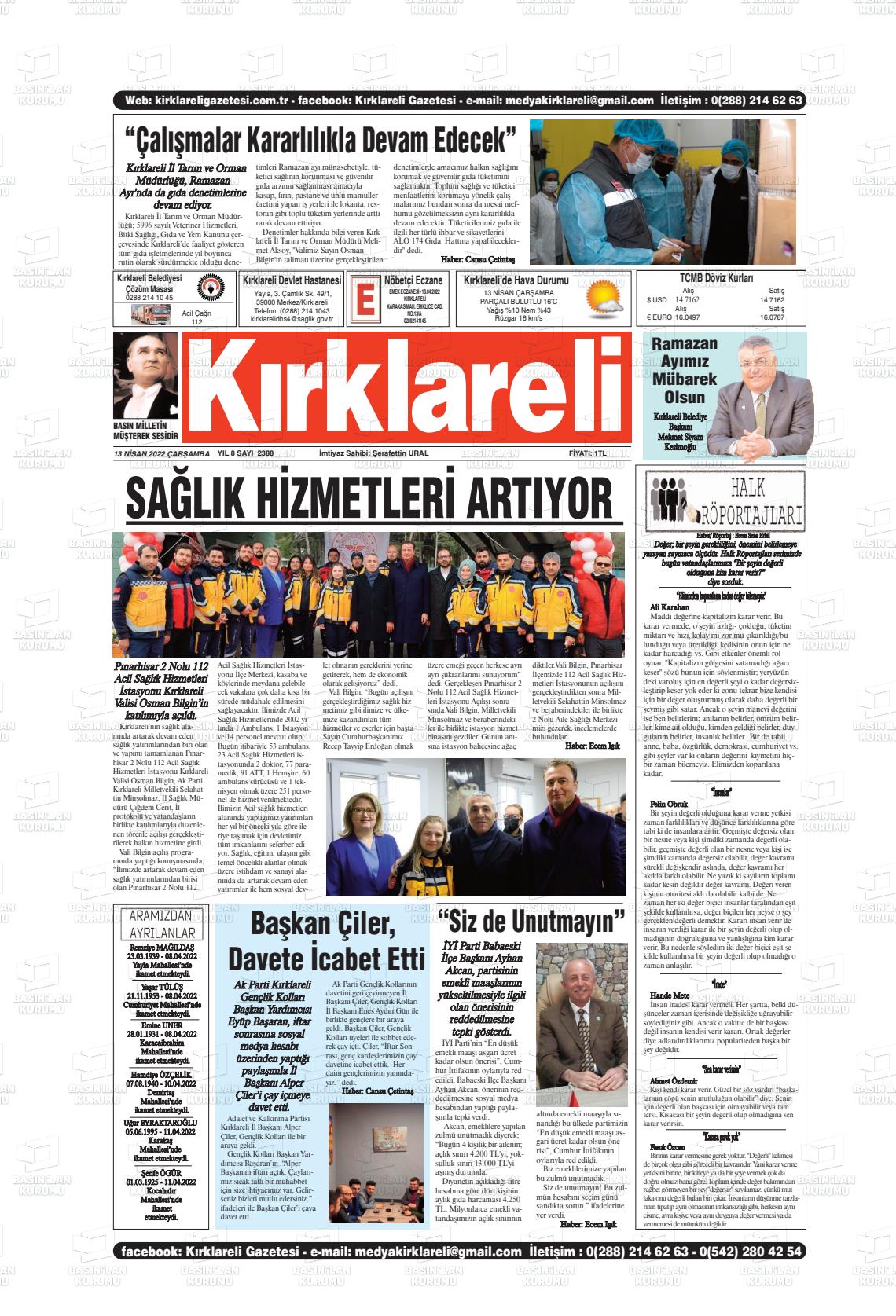 13 Nisan 2022 Kırklareli Gazete Manşeti