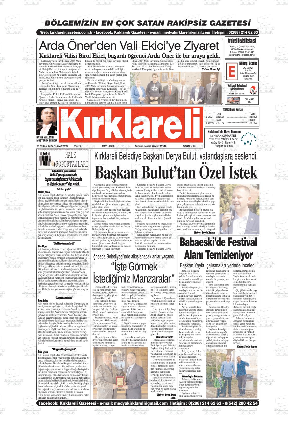 13 Nisan 2024 Kırklareli Gazete Manşeti