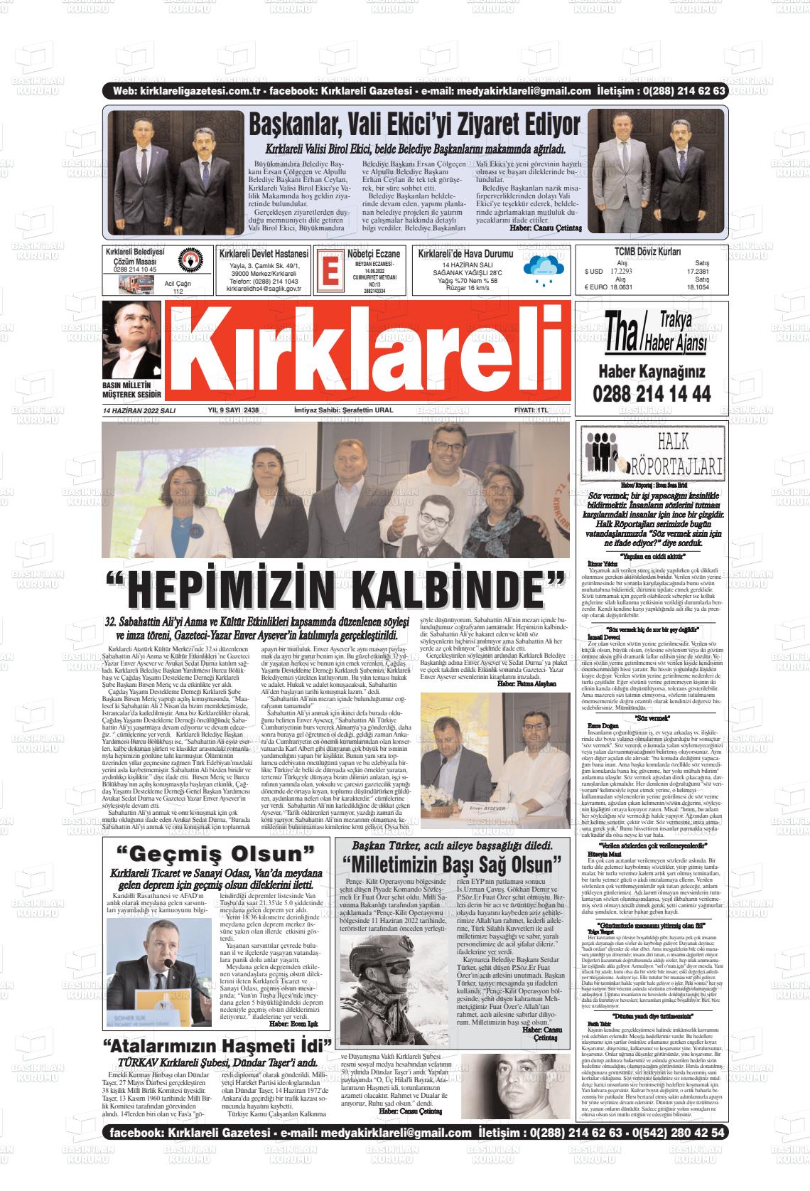 14 Haziran 2022 Kırklareli Gazete Manşeti