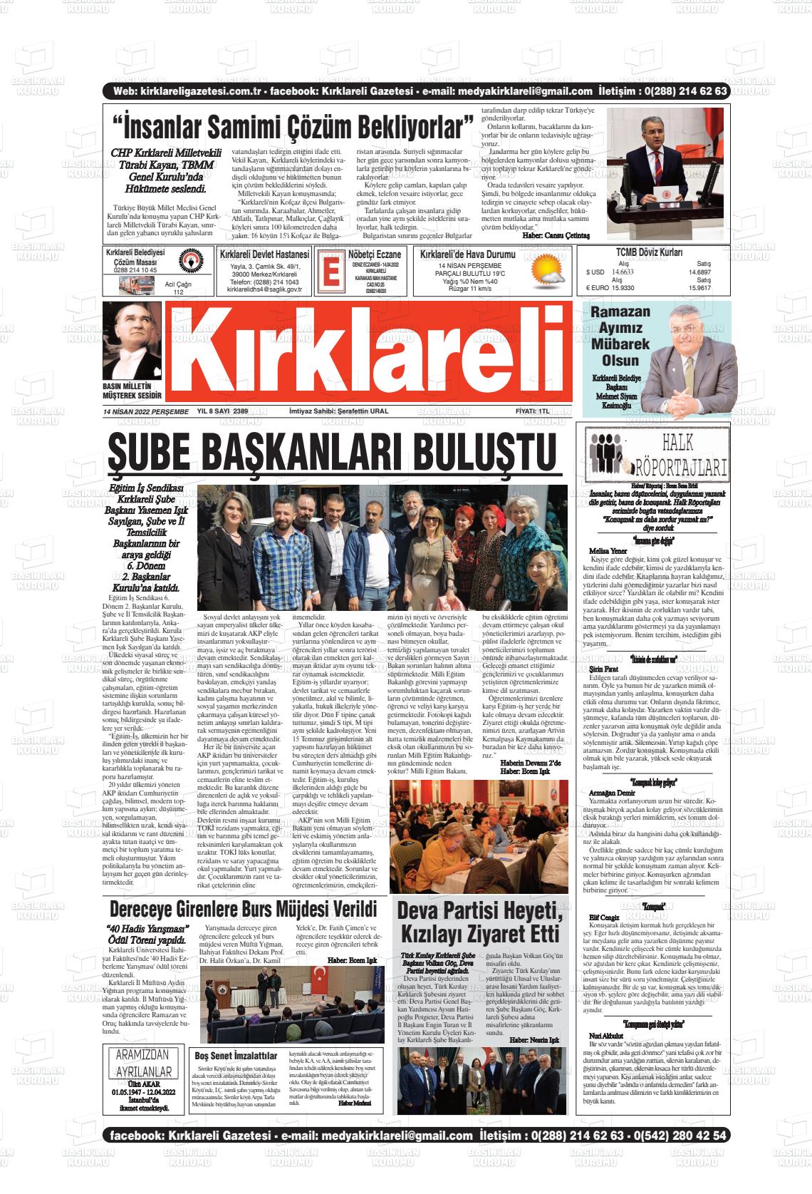 14 Nisan 2022 Kırklareli Gazete Manşeti