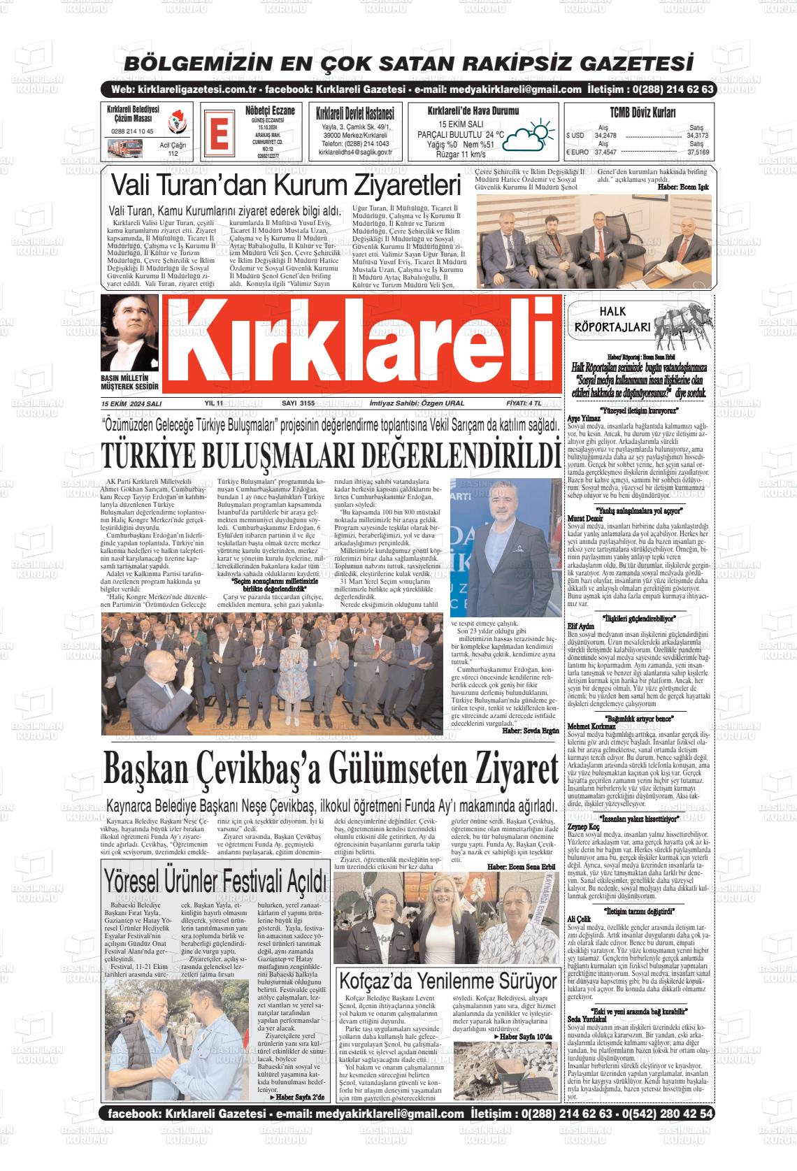 15 Ekim 2024 Kırklareli Gazete Manşeti