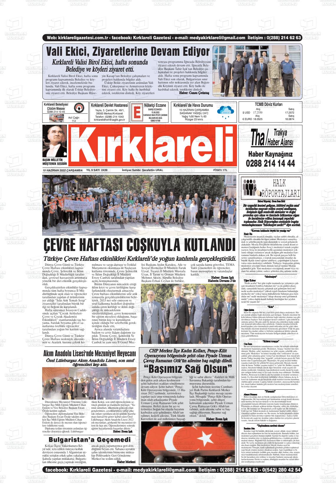 15 Haziran 2022 Kırklareli Gazete Manşeti