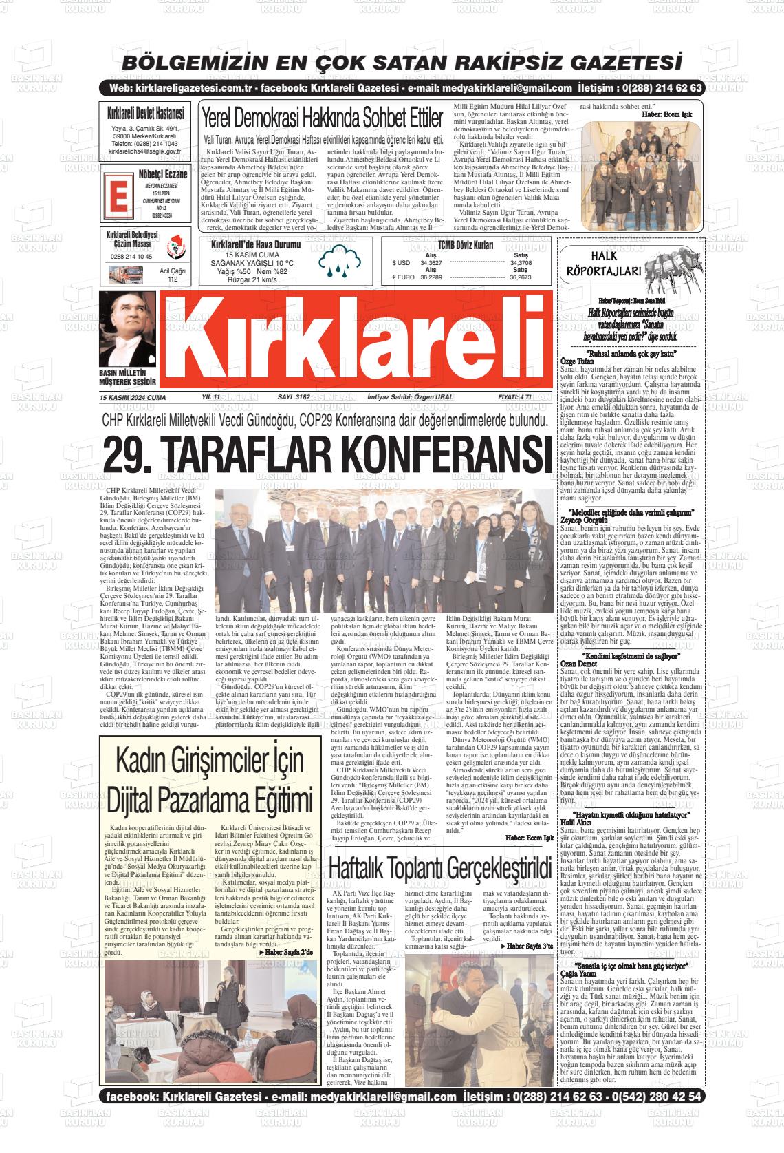 15 Kasım 2024 Kırklareli Gazete Manşeti