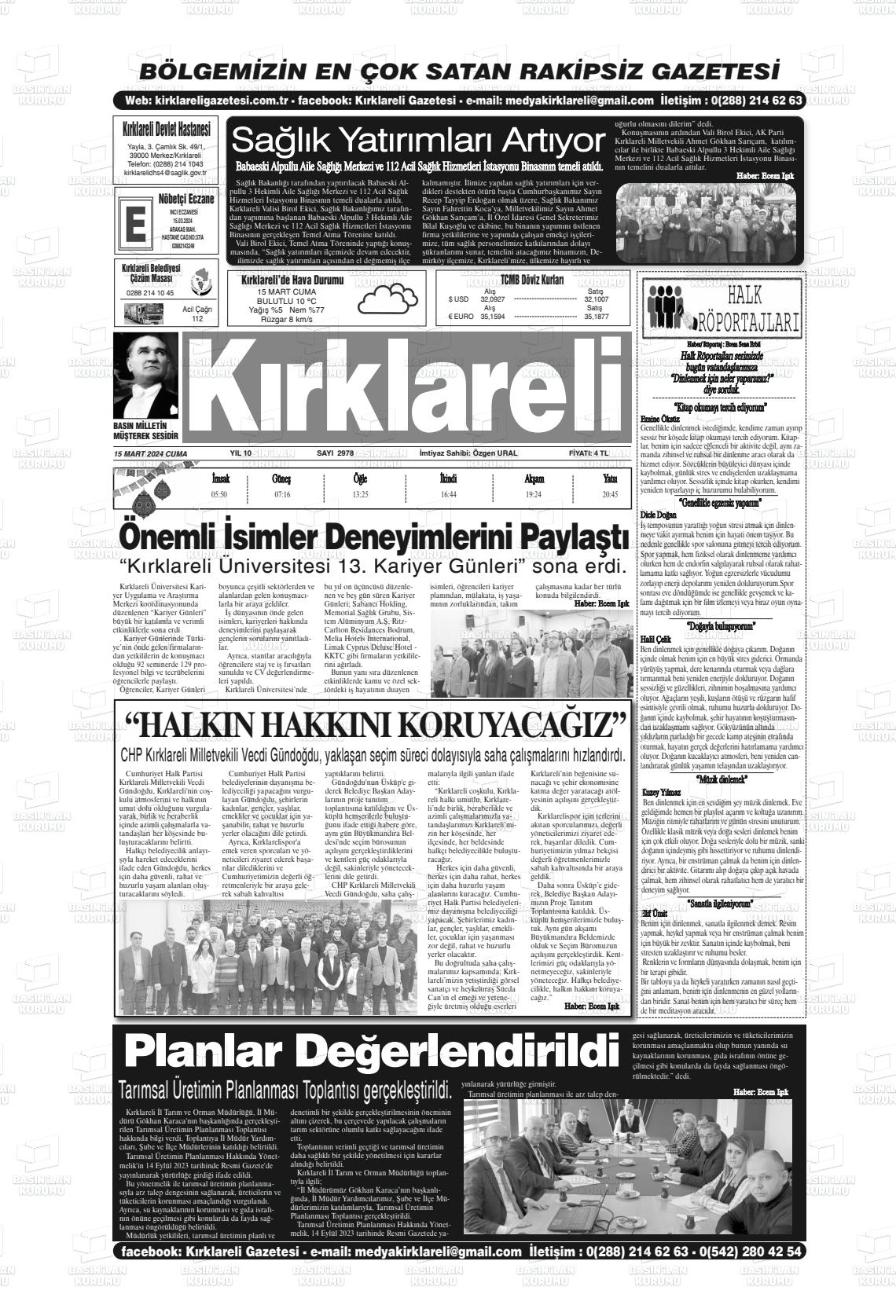 15 Mart 2024 Kırklareli Gazete Manşeti