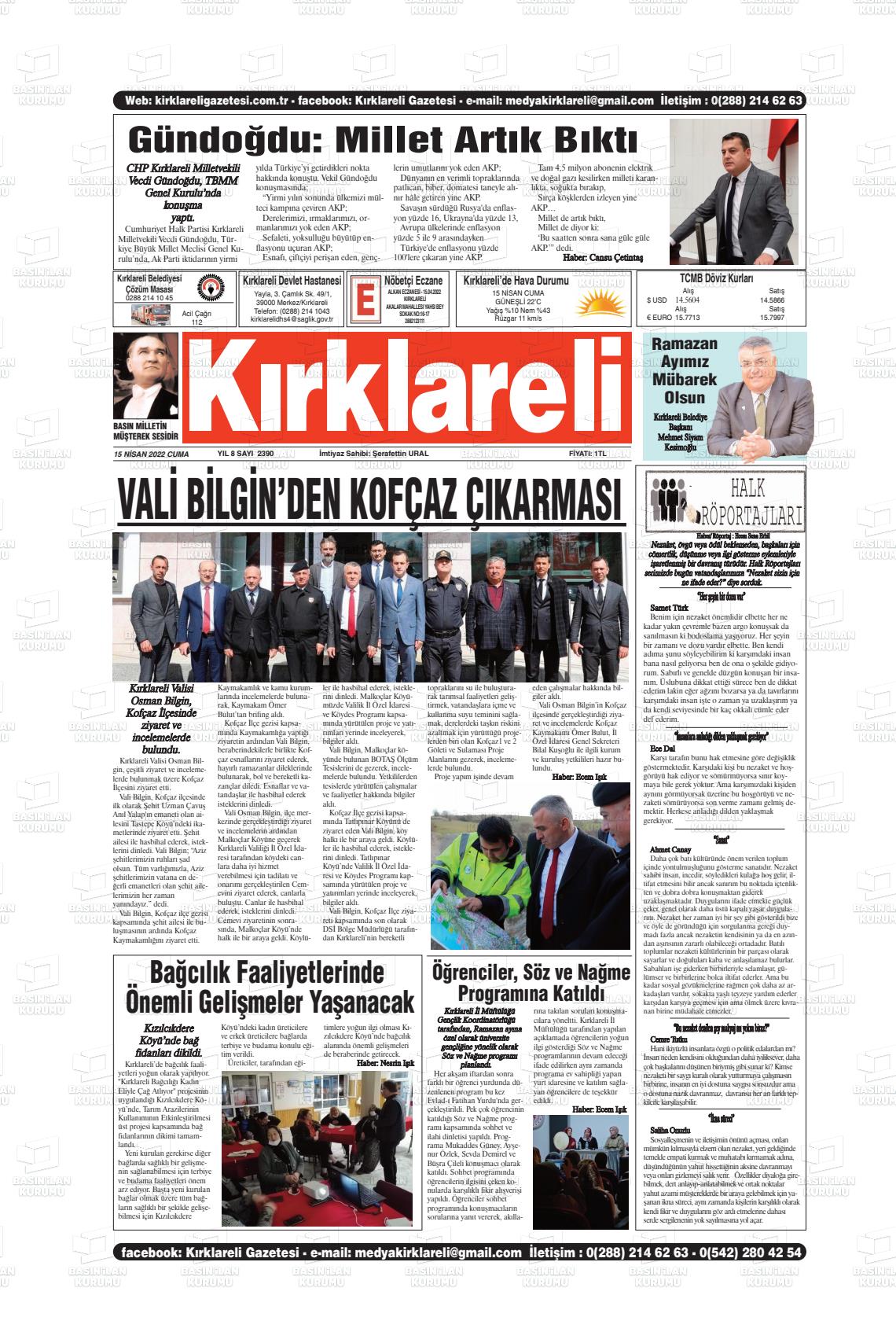 15 Nisan 2022 Kırklareli Gazete Manşeti