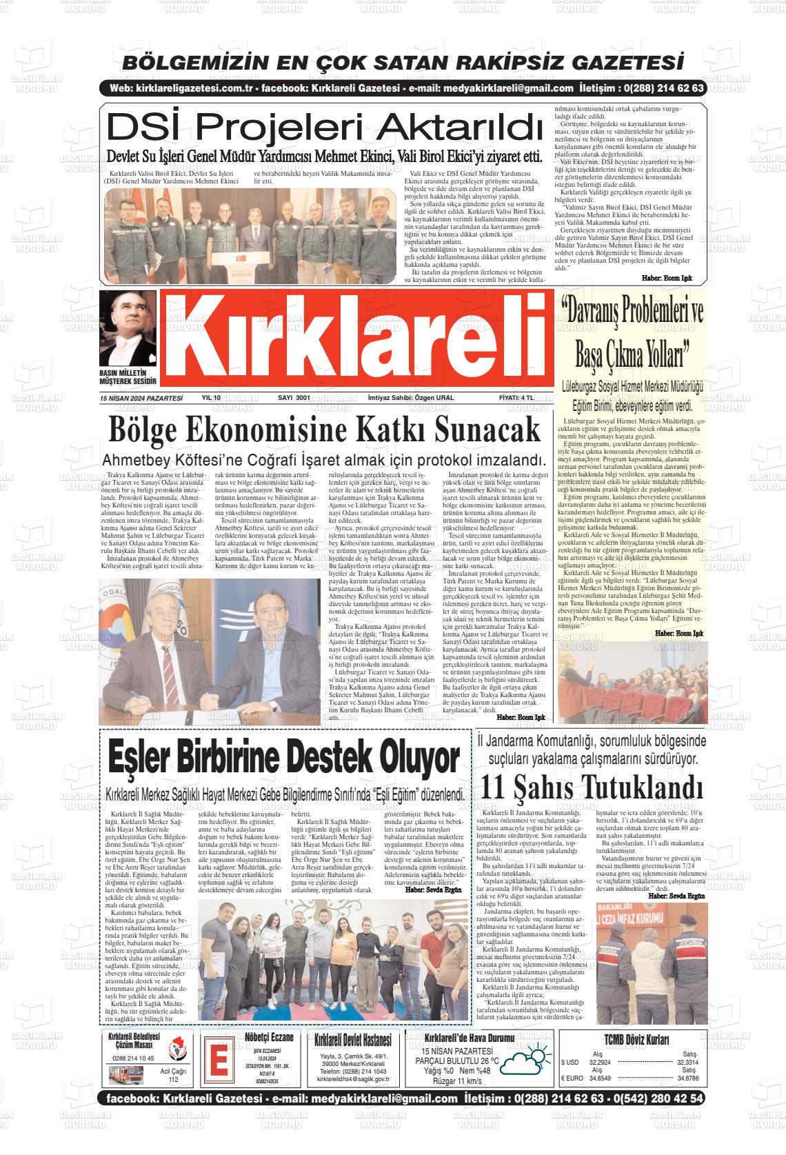 15 Nisan 2024 Kırklareli Gazete Manşeti