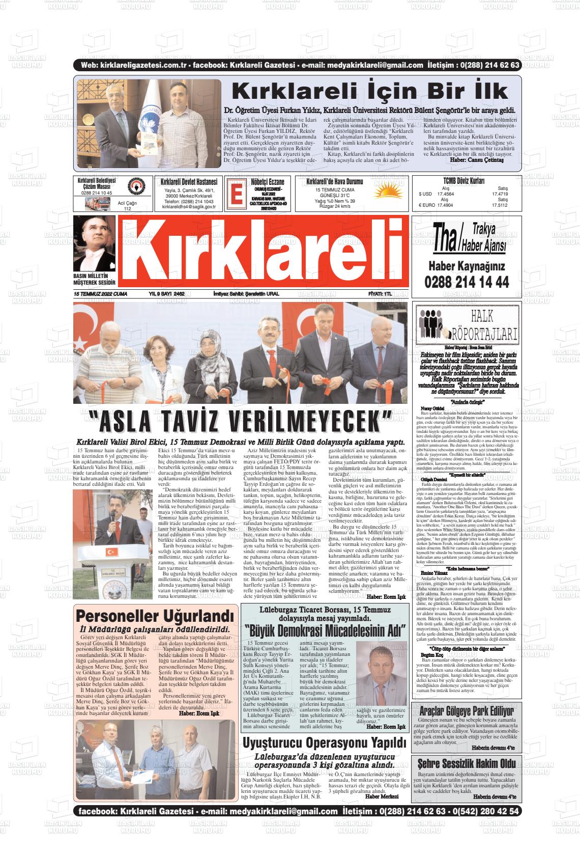 15 Temmuz 2022 Kırklareli Gazete Manşeti