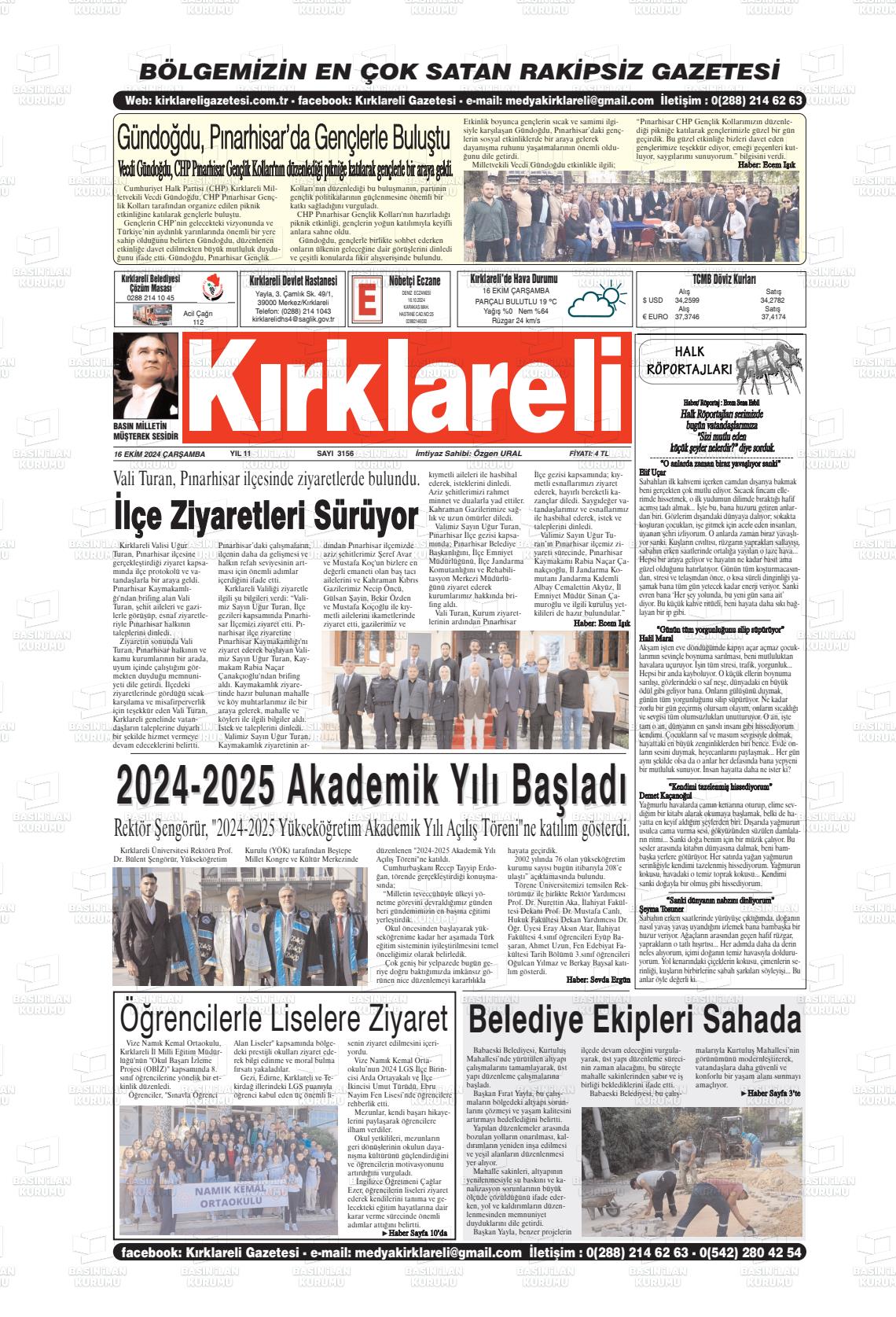 16 Ekim 2024 Kırklareli Gazete Manşeti