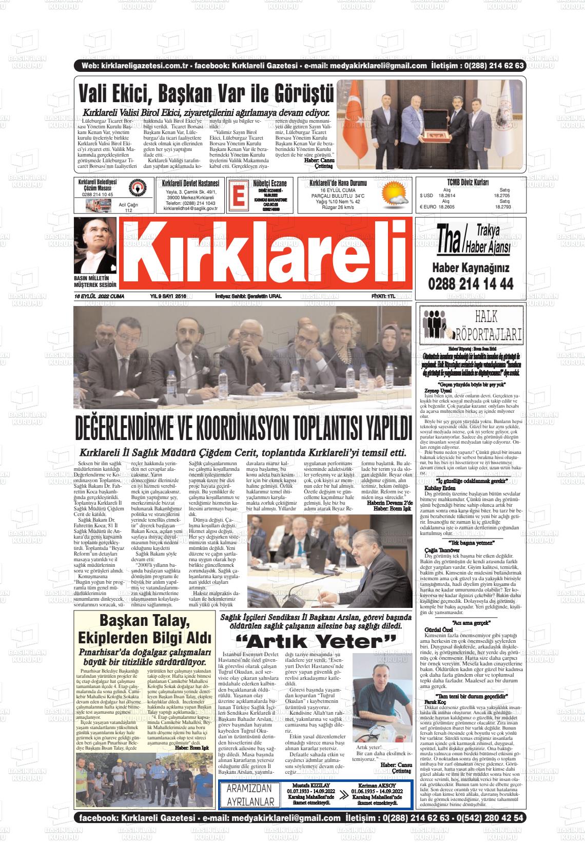 16 Eylül 2022 Kırklareli Gazete Manşeti