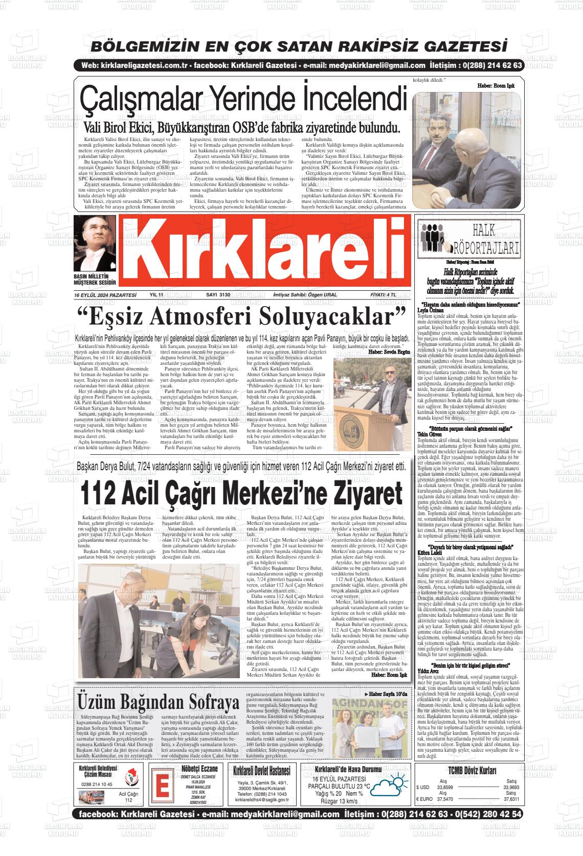 16 Eylül 2024 Kırklareli Gazete Manşeti