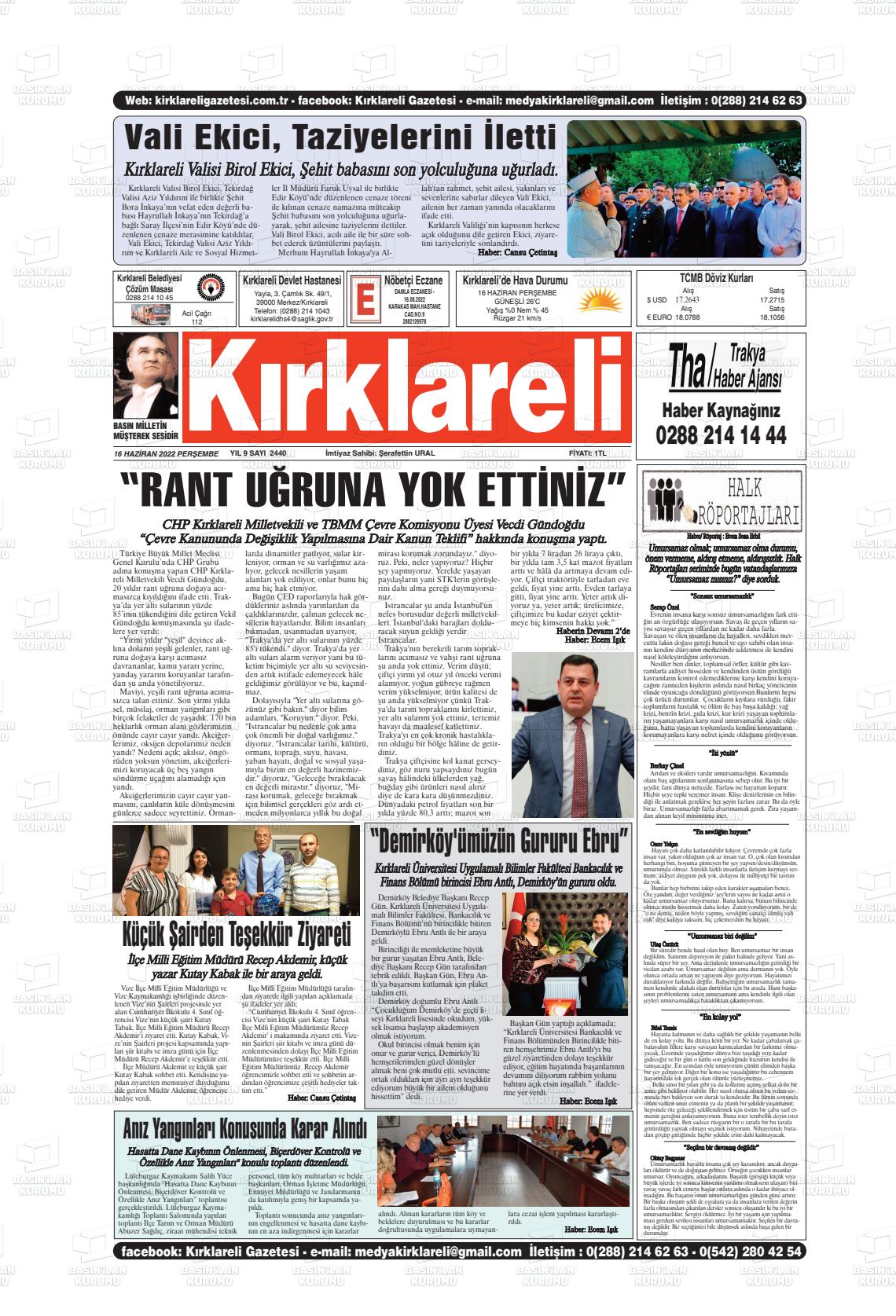 16 Haziran 2022 Kırklareli Gazete Manşeti