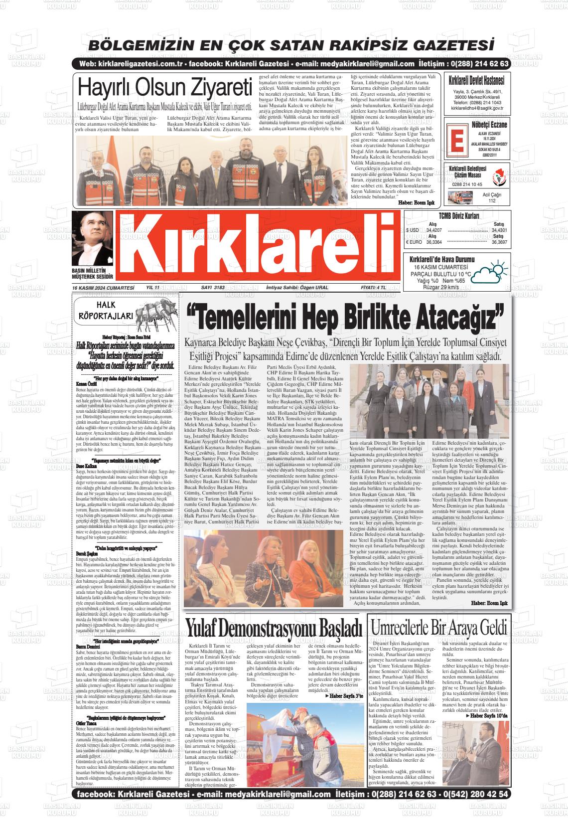 16 Kasım 2024 Kırklareli Gazete Manşeti