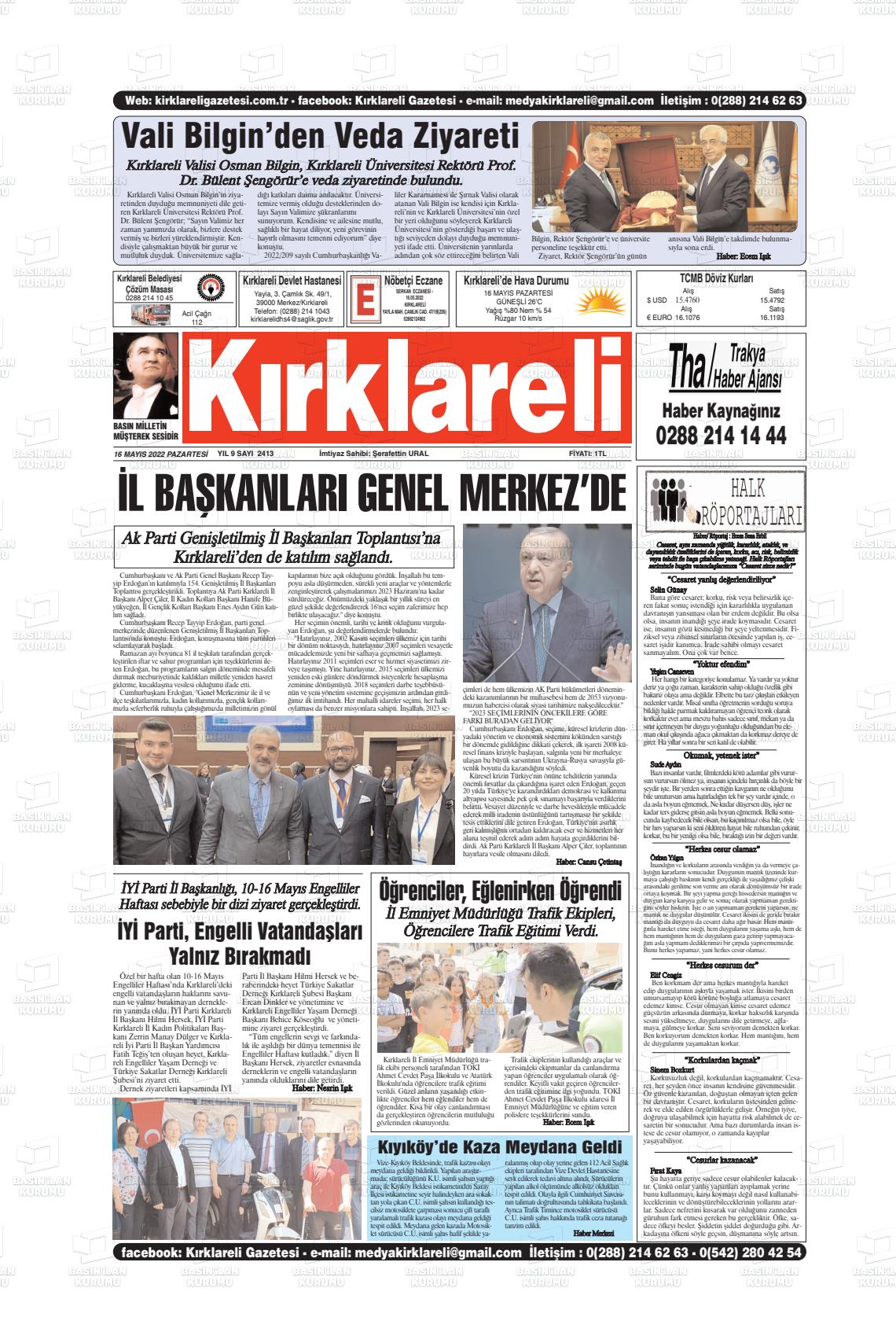 16 Mayıs 2022 Kırklareli Gazete Manşeti