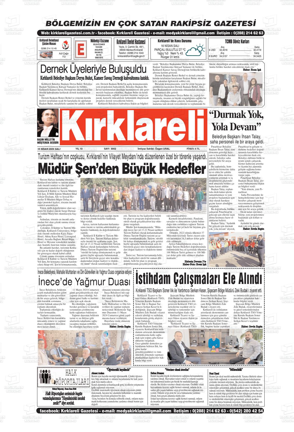 18 Nisan 2024 Kırklareli Gazete Manşeti