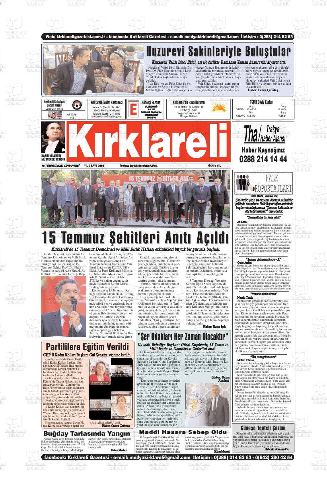 16 Temmuz 2022 Kırklareli Gazete Manşeti