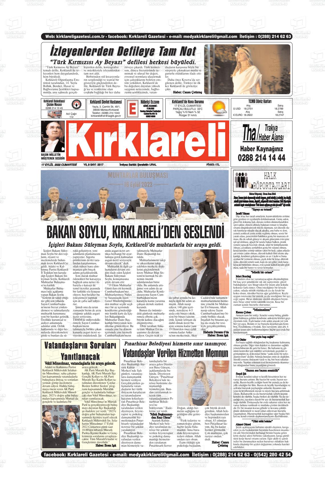 17 Eylül 2022 Kırklareli Gazete Manşeti