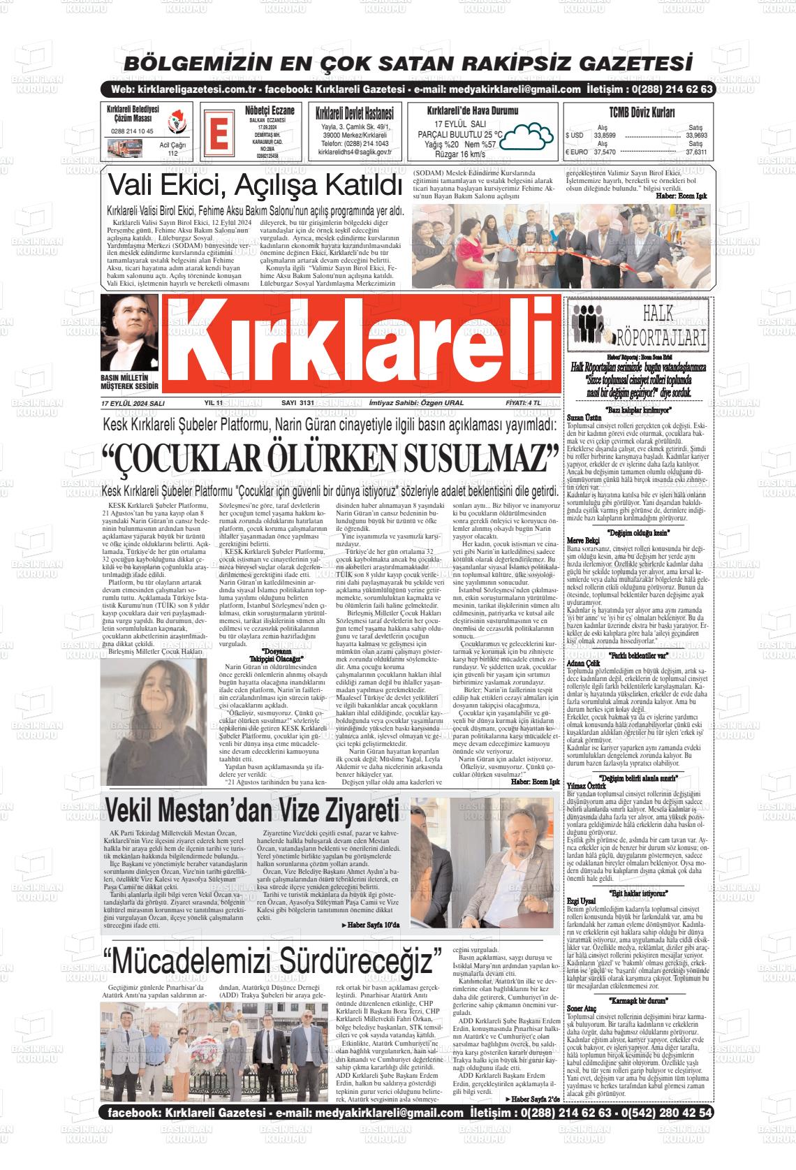 17 Eylül 2024 Kırklareli Gazete Manşeti