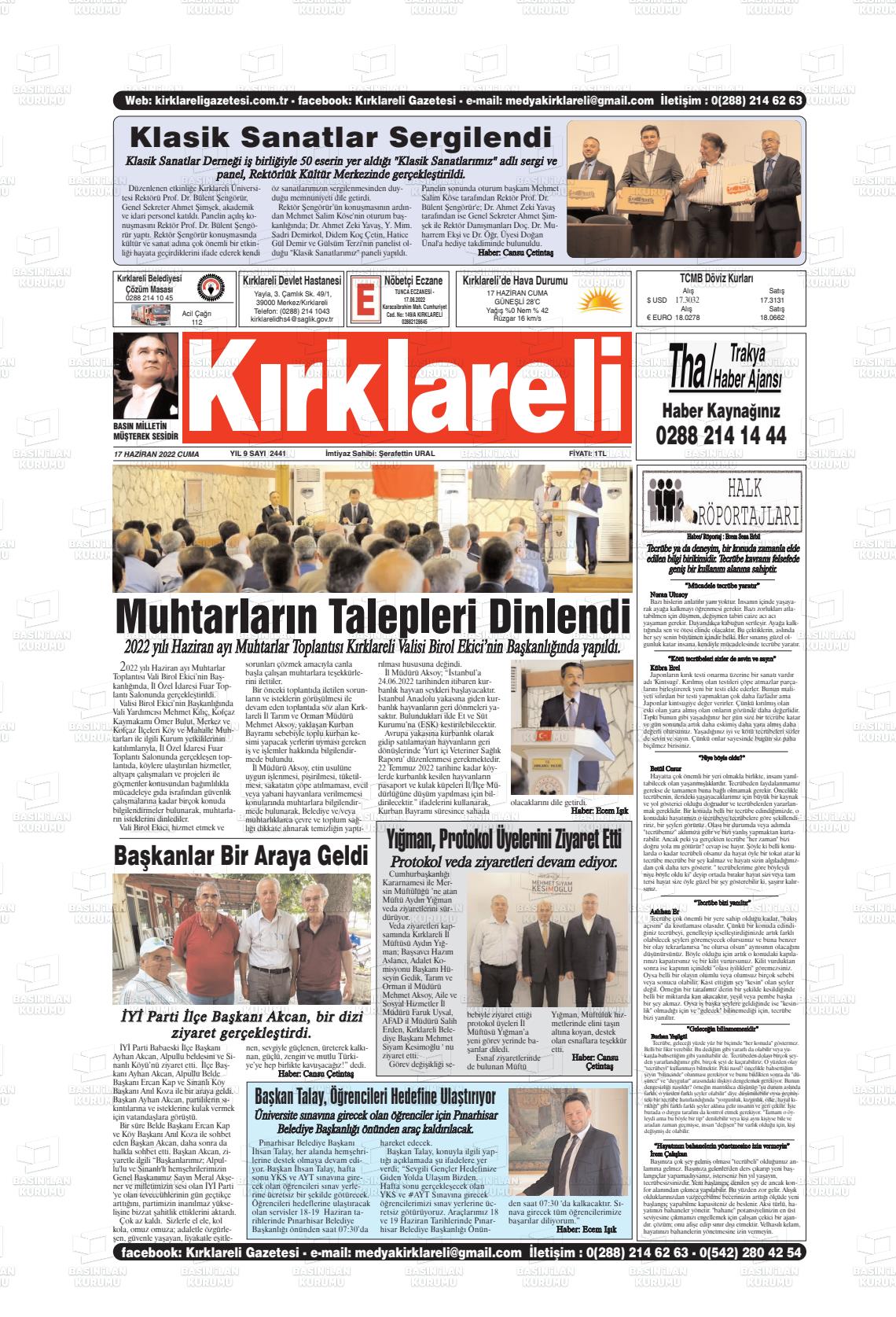 17 Haziran 2022 Kırklareli Gazete Manşeti