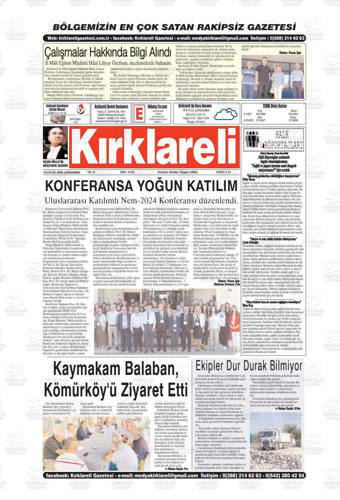 18 Eylül 2024 Kırklareli Gazete Manşeti