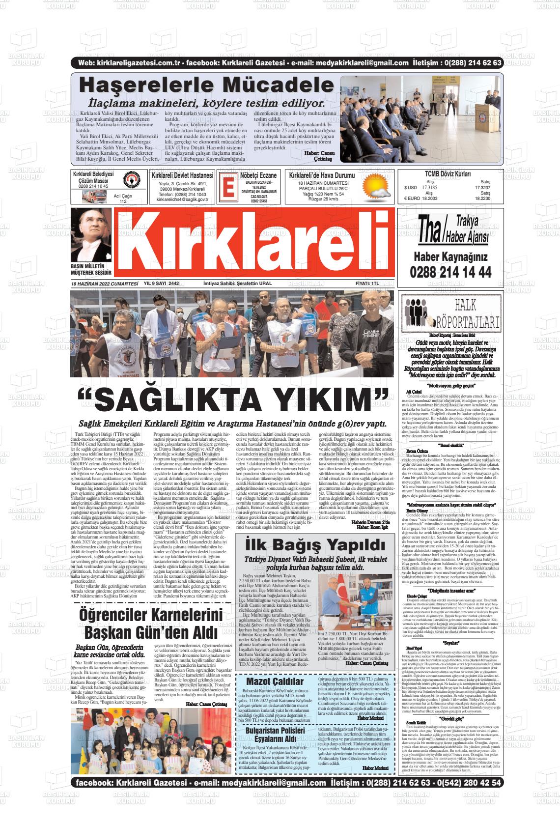 18 Haziran 2022 Kırklareli Gazete Manşeti