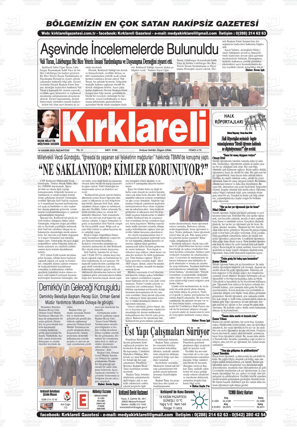 18 Kasım 2024 Kırklareli Gazete Manşeti