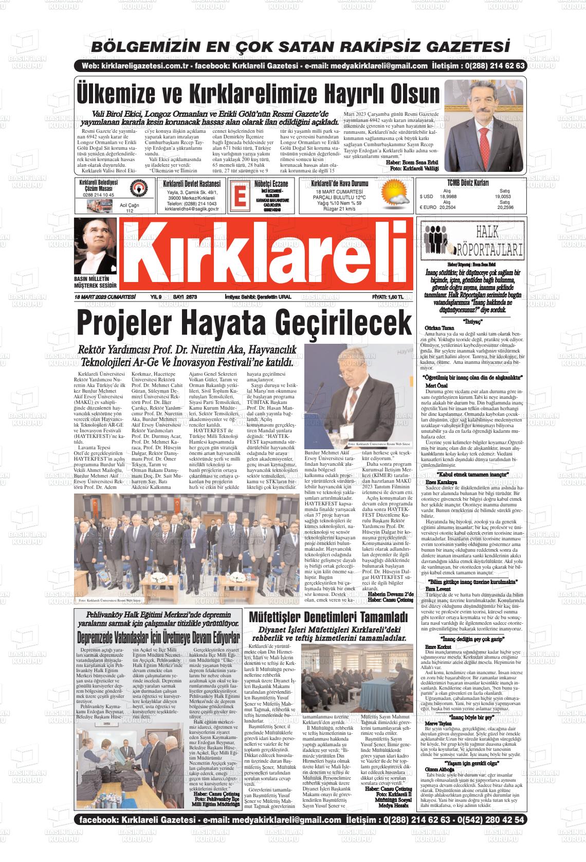 18 Mart 2023 Kırklareli Gazete Manşeti