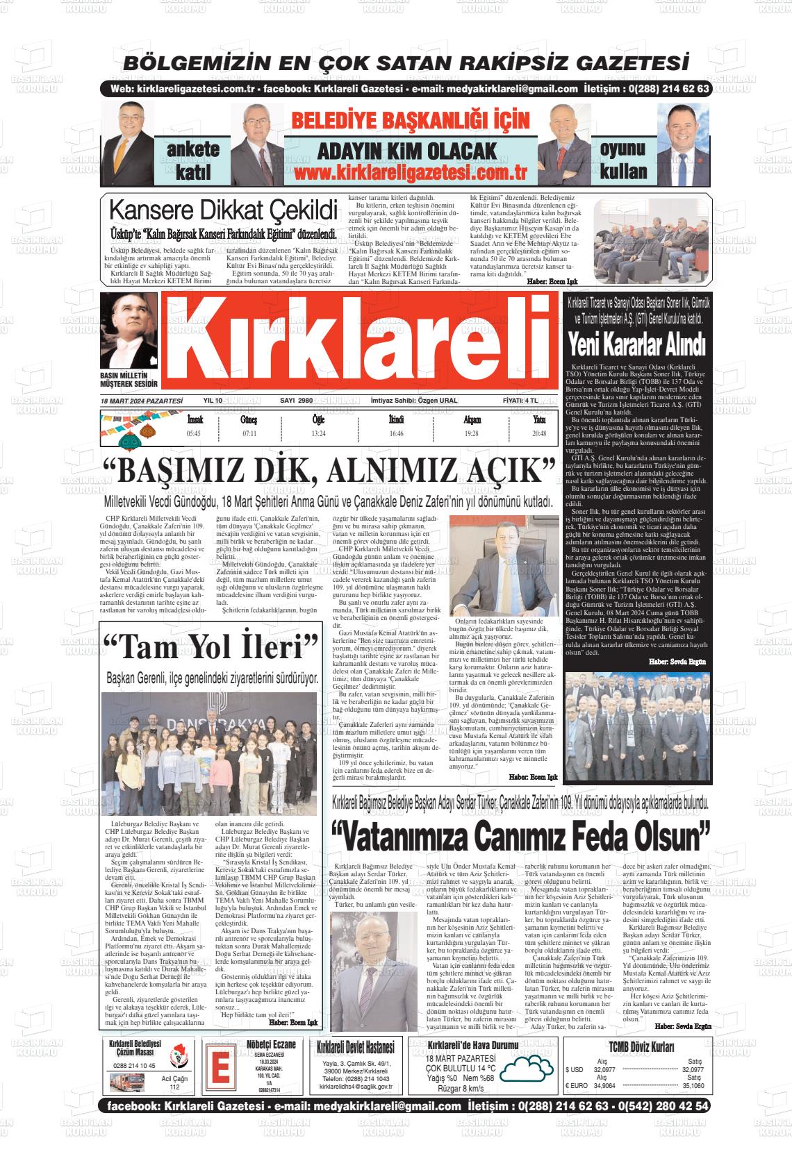 18 Mart 2024 Kırklareli Gazete Manşeti