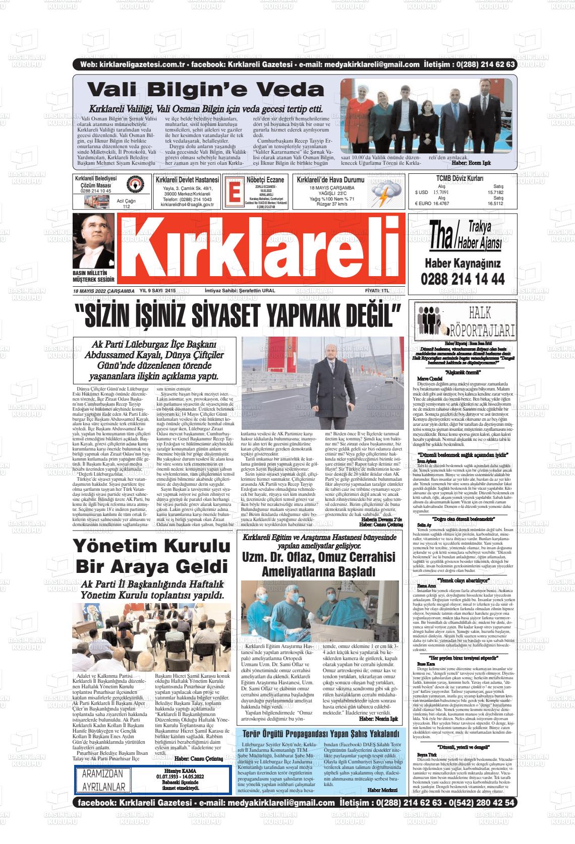 18 Mayıs 2022 Kırklareli Gazete Manşeti