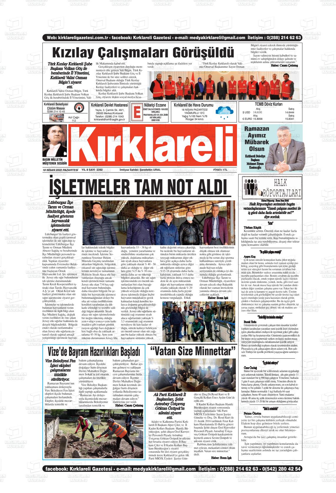 18 Nisan 2022 Kırklareli Gazete Manşeti