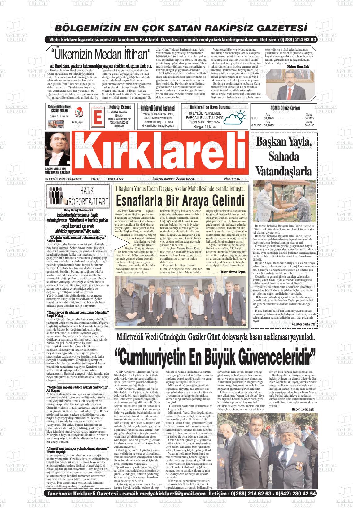 19 Eylül 2024 Kırklareli Gazete Manşeti