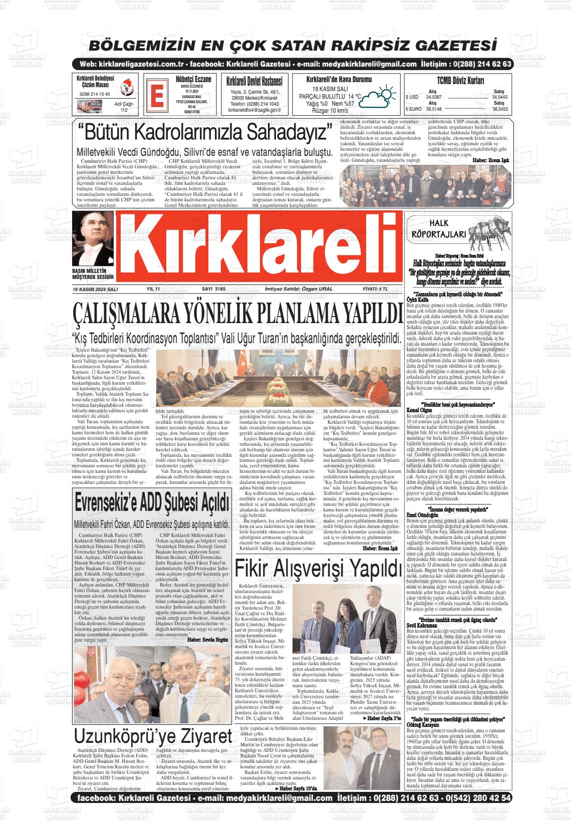 19 Kasım 2024 Kırklareli Gazete Manşeti