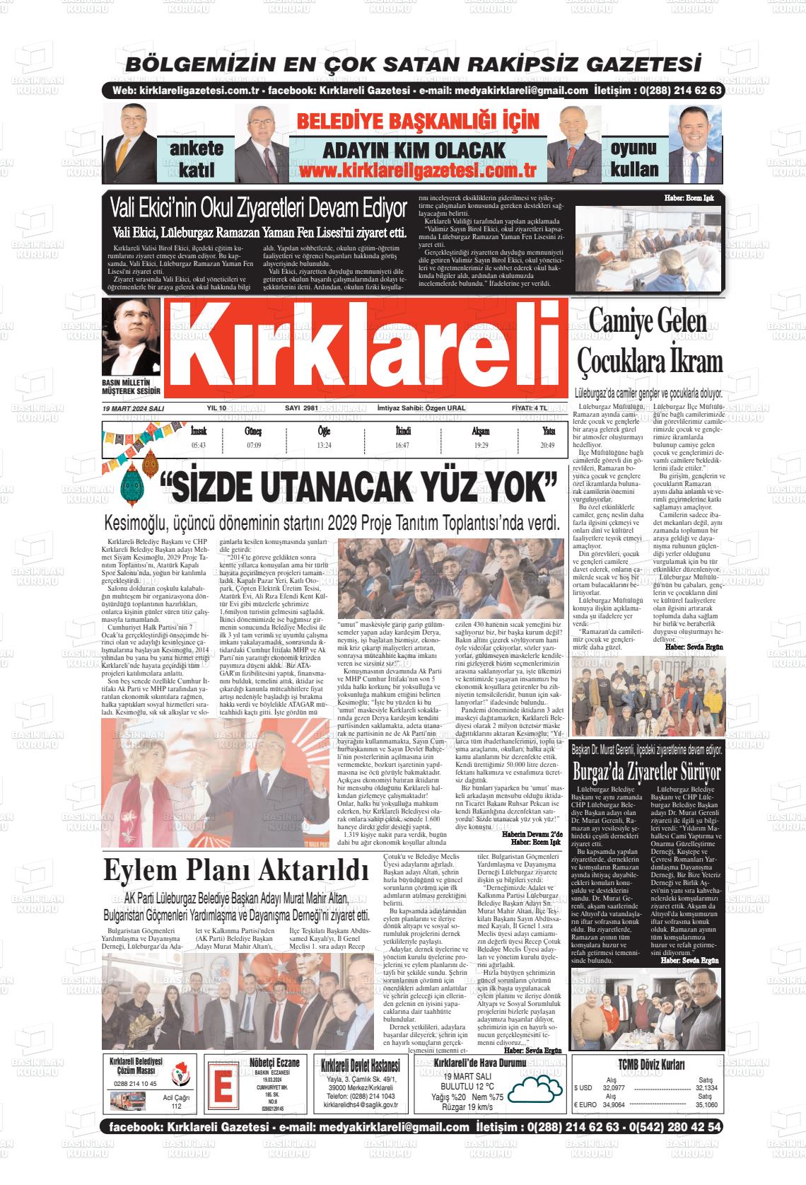 19 Mart 2024 Kırklareli Gazete Manşeti