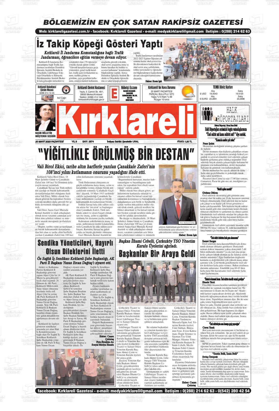 20 Mart 2023 Kırklareli Gazete Manşeti