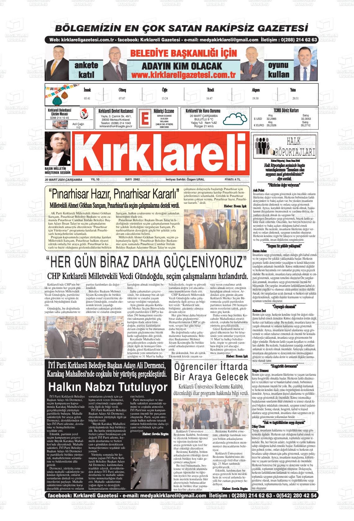 20 Mart 2024 Kırklareli Gazete Manşeti