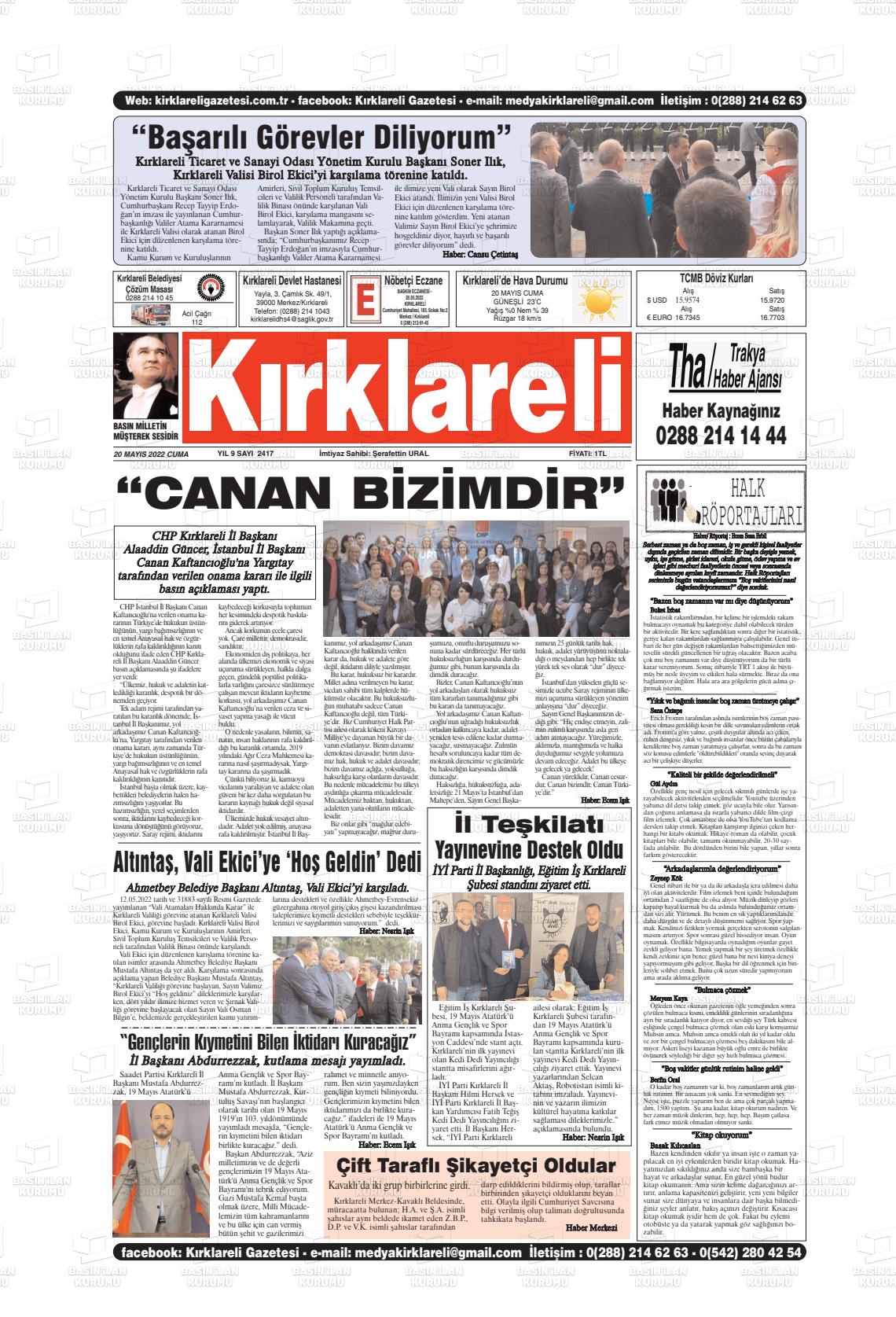 20 Mayıs 2022 Kırklareli Gazete Manşeti