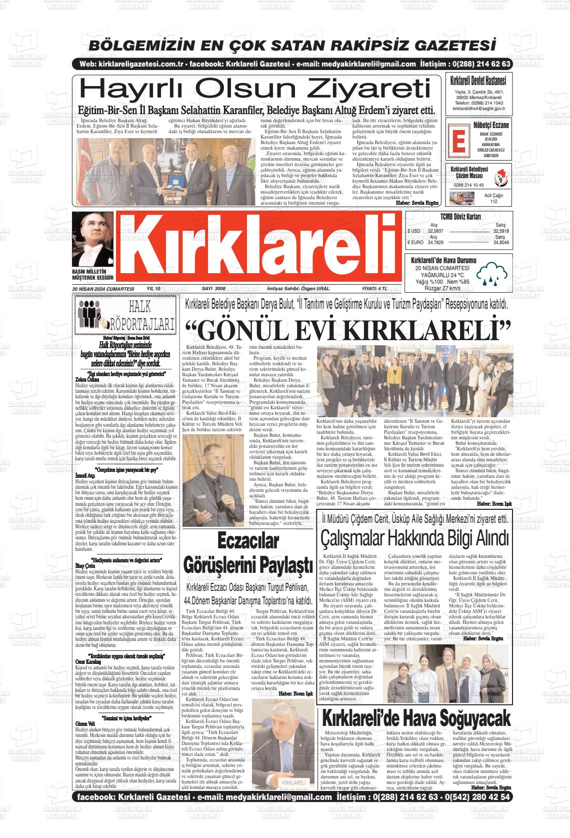 20 Nisan 2024 Kırklareli Gazete Manşeti