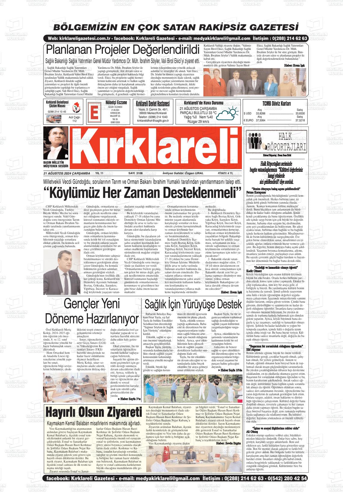 21 Ağustos 2024 Kırklareli Gazete Manşeti