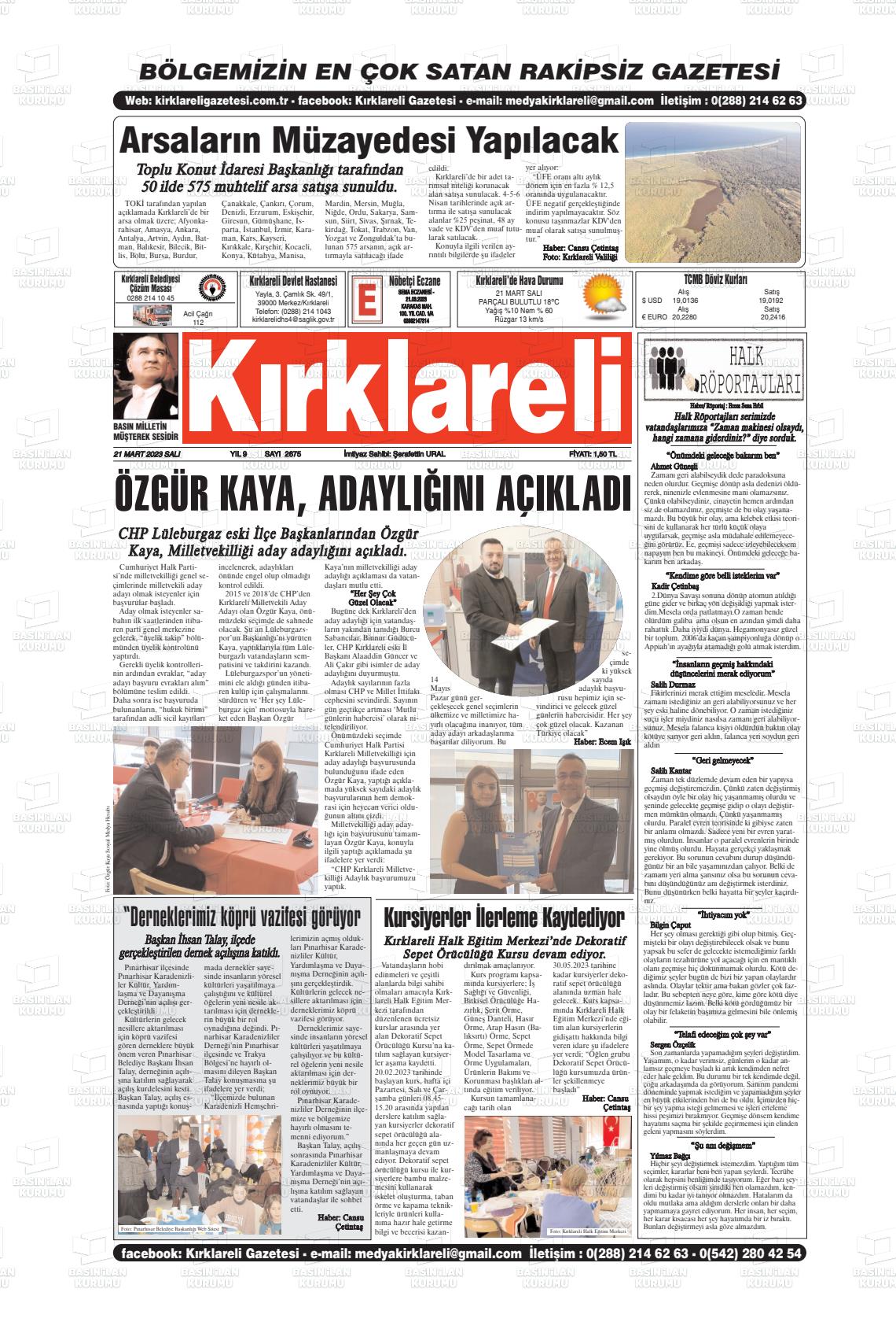 21 Mart 2023 Kırklareli Gazete Manşeti