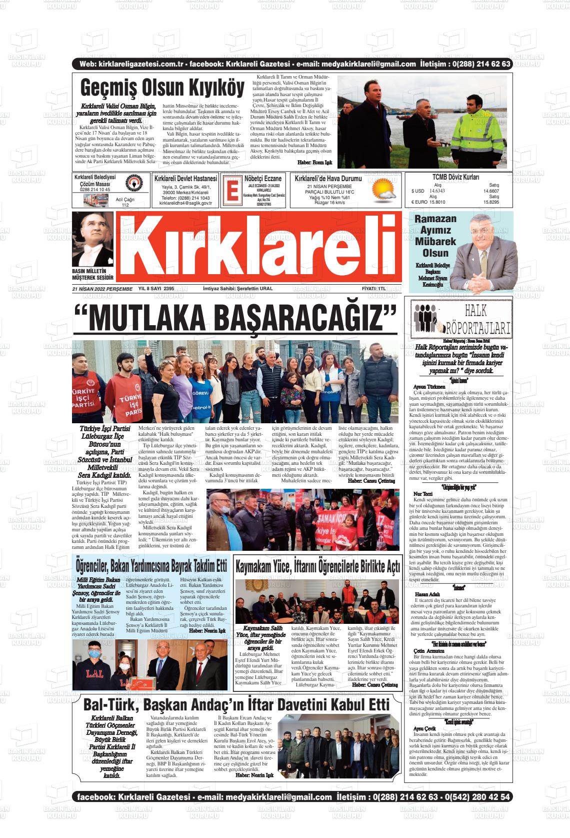 21 Nisan 2022 Kırklareli Gazete Manşeti