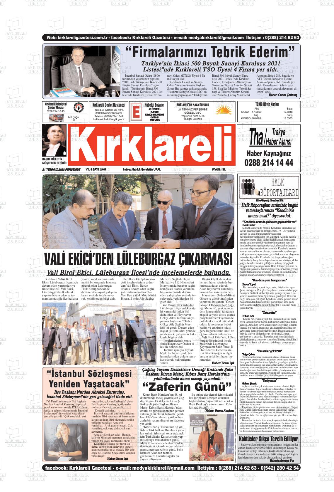 21 Temmuz 2022 Kırklareli Gazete Manşeti