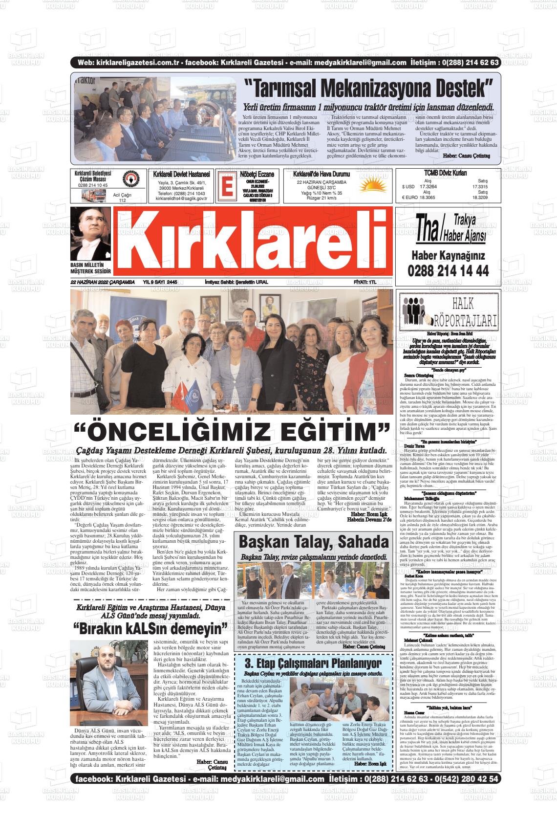 22 Haziran 2022 Kırklareli Gazete Manşeti