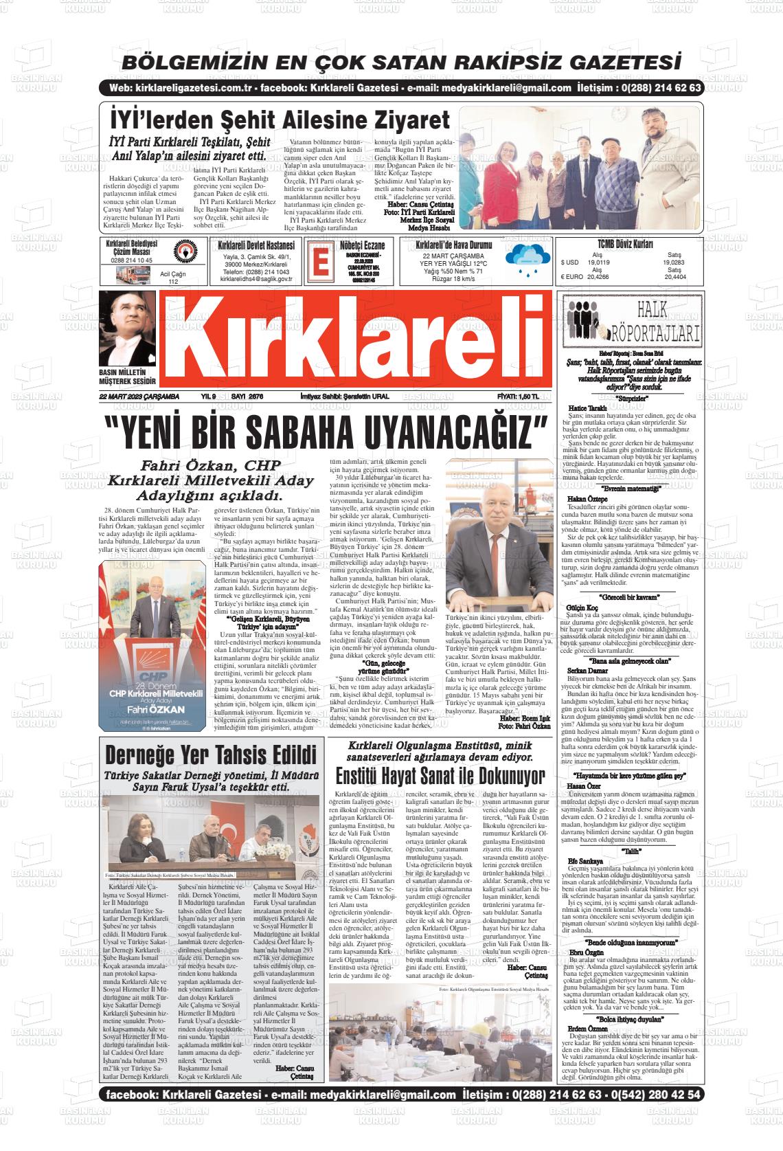 22 Mart 2023 Kırklareli Gazete Manşeti