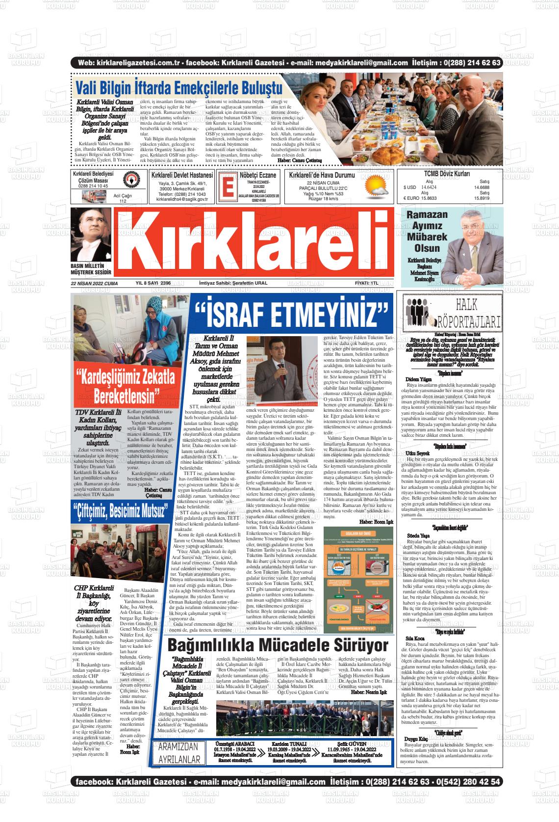 22 Nisan 2022 Kırklareli Gazete Manşeti