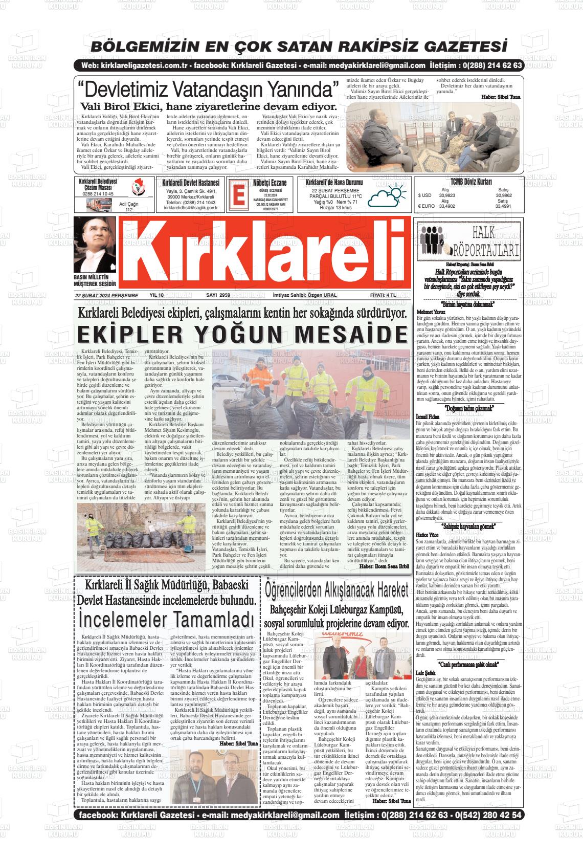 22 Şubat 2024 Kırklareli Gazete Manşeti