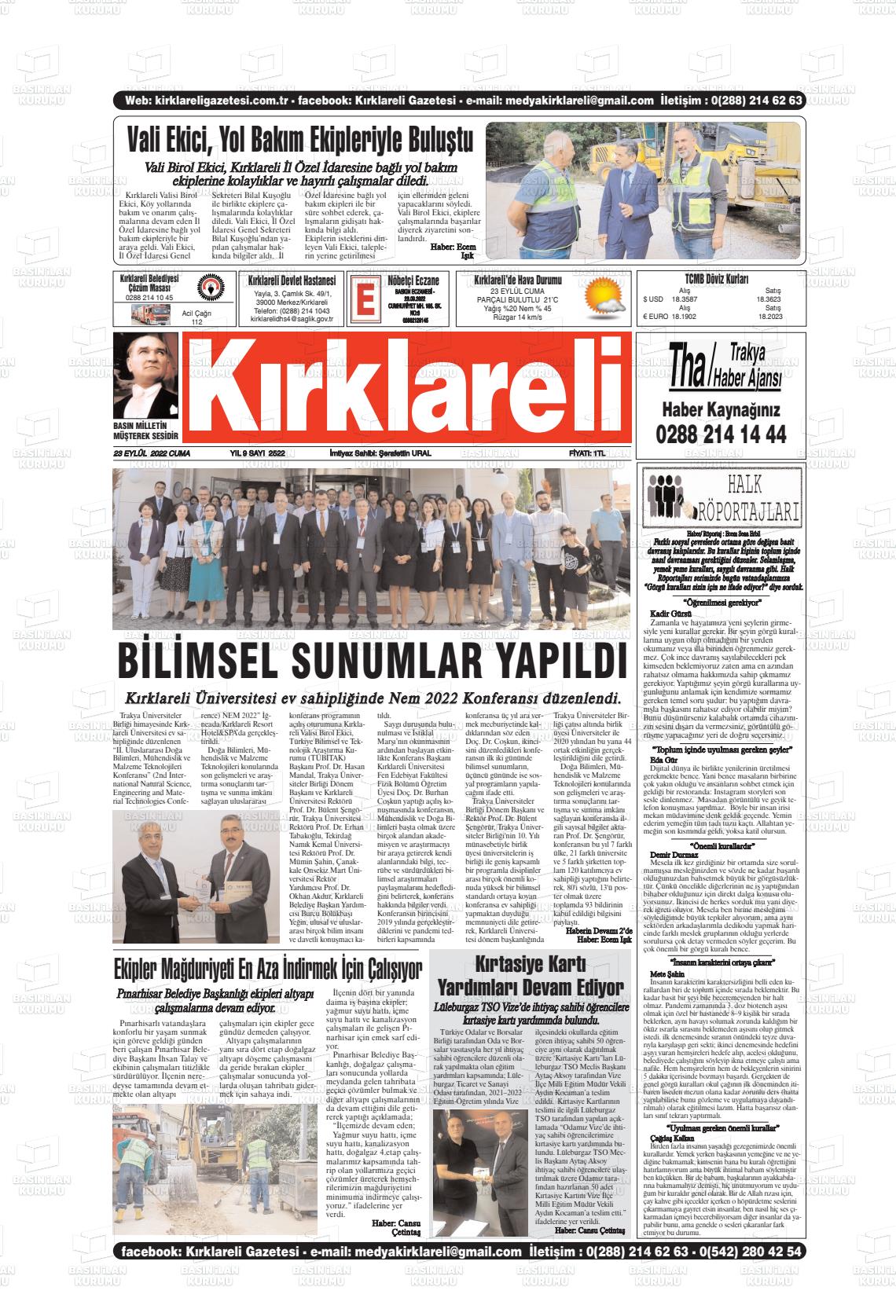 23 Eylül 2022 Kırklareli Gazete Manşeti