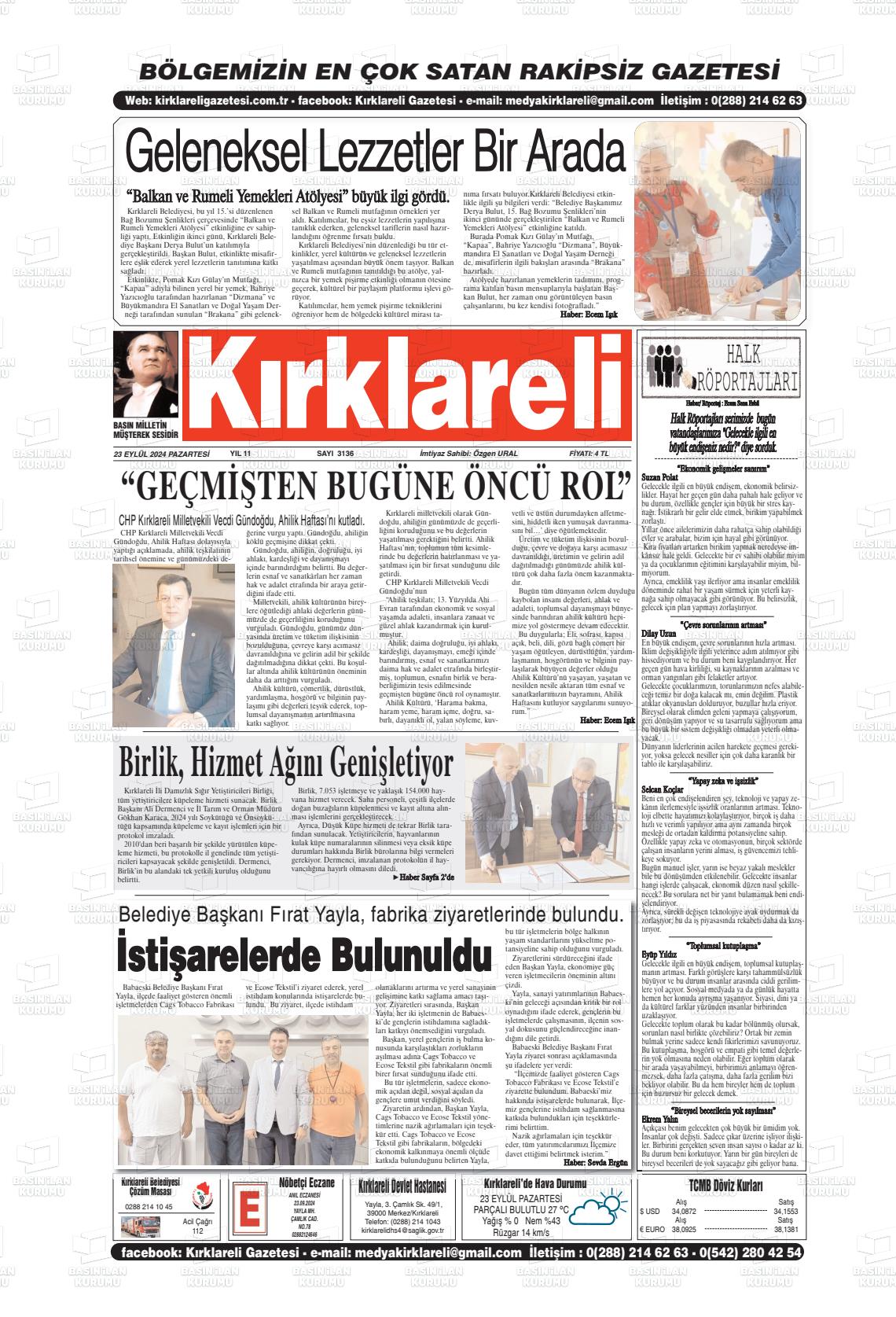 23 Eylül 2024 Kırklareli Gazete Manşeti